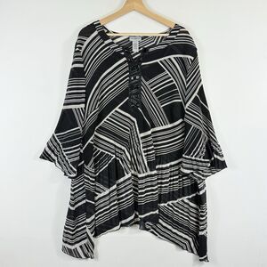 Catherines Black Ivory Stripe Accordion Fold 3/4 Sleeve Shirt‎ Top Women's 3X